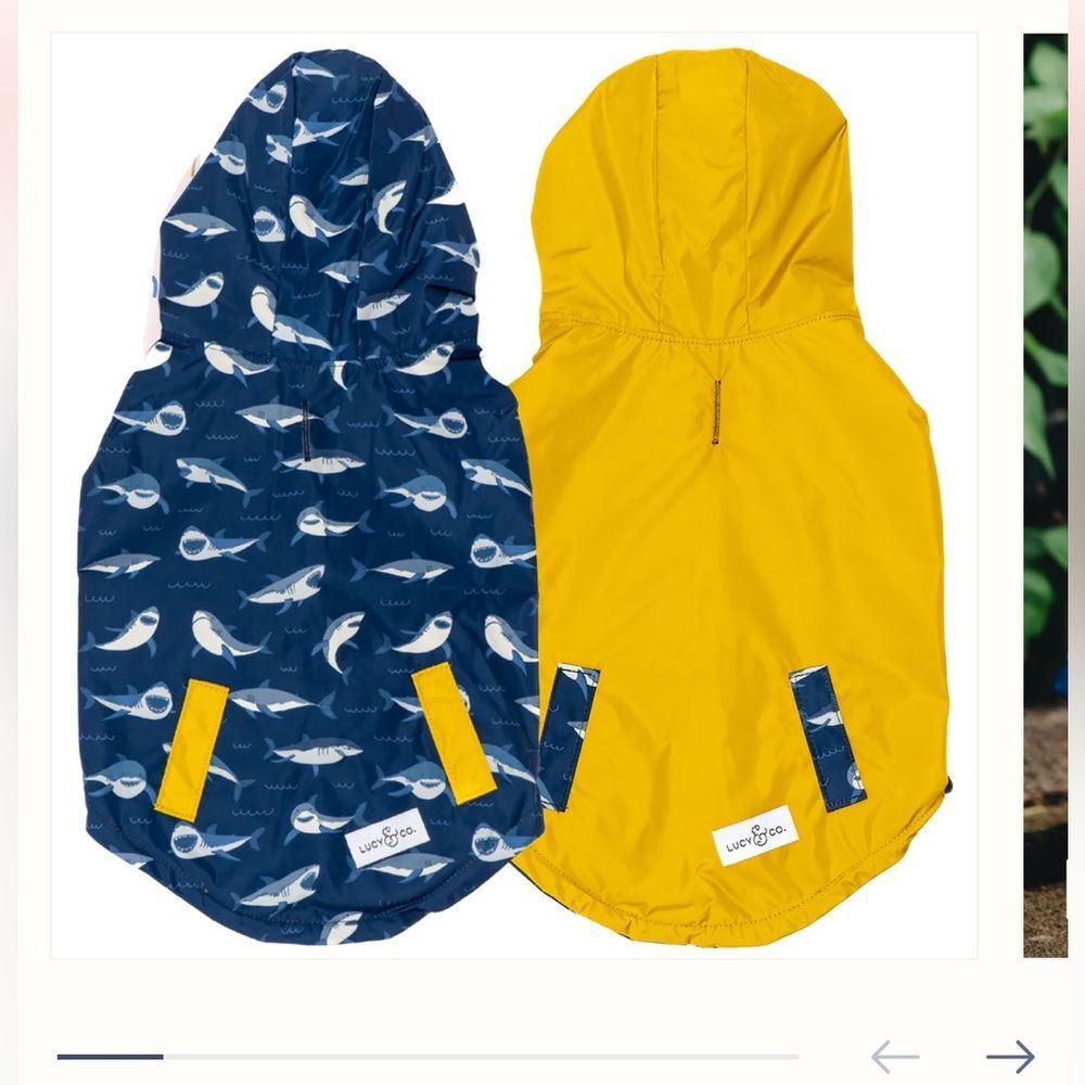 Reversible Dog Raincoat with Shark Print and Yellow Side